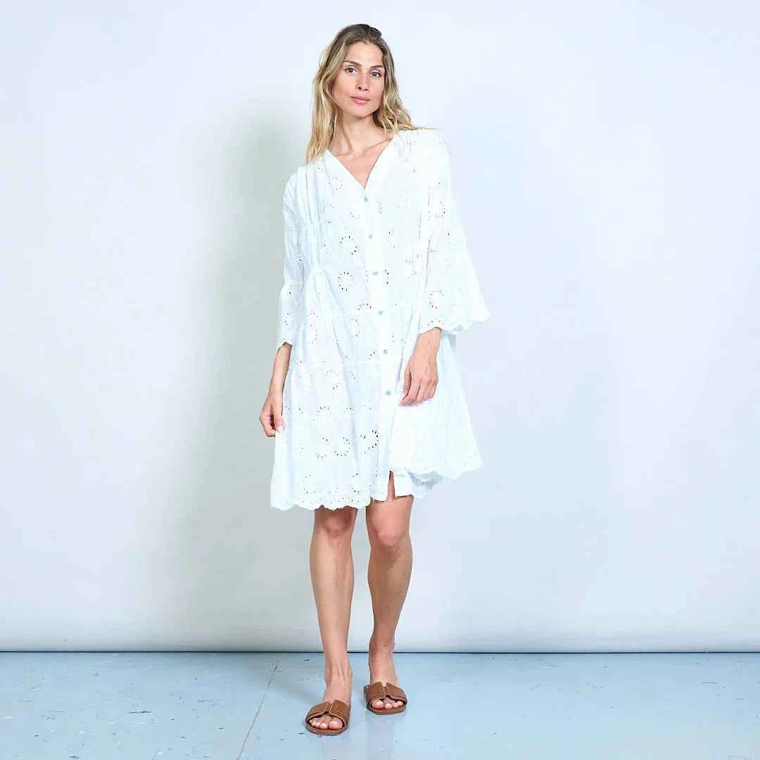 BZNA Broderie Anglaise Stufe mit V-Ausschnitt geknöpftes Hemdkleid oneSize