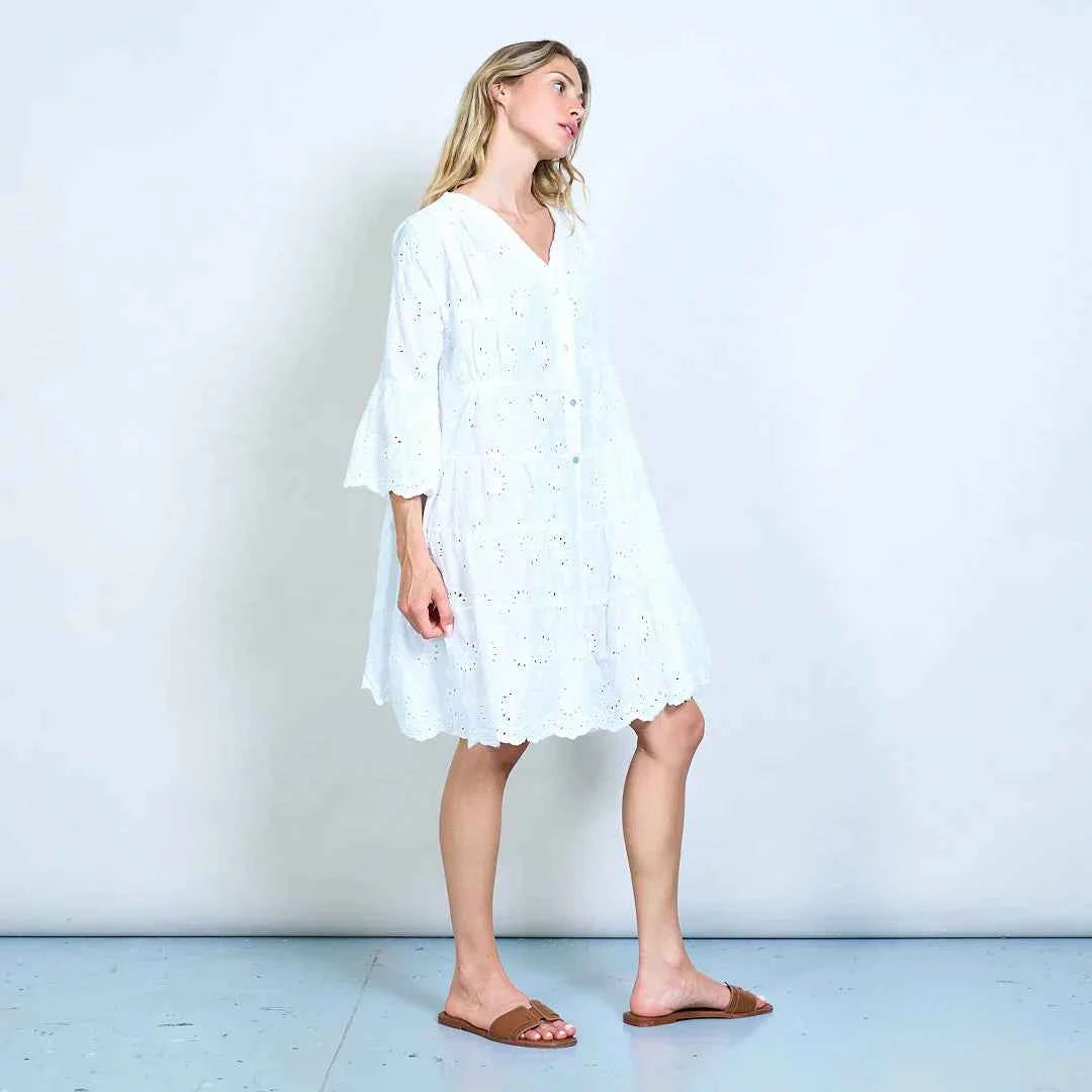 BZNA Broderie Anglaise Stufe mit V-Ausschnitt geknöpftes Hemdkleid oneSize