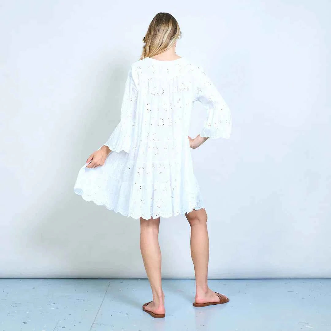 BZNA Broderie Anglaise Stufe mit V-Ausschnitt geknöpftes Hemdkleid oneSize