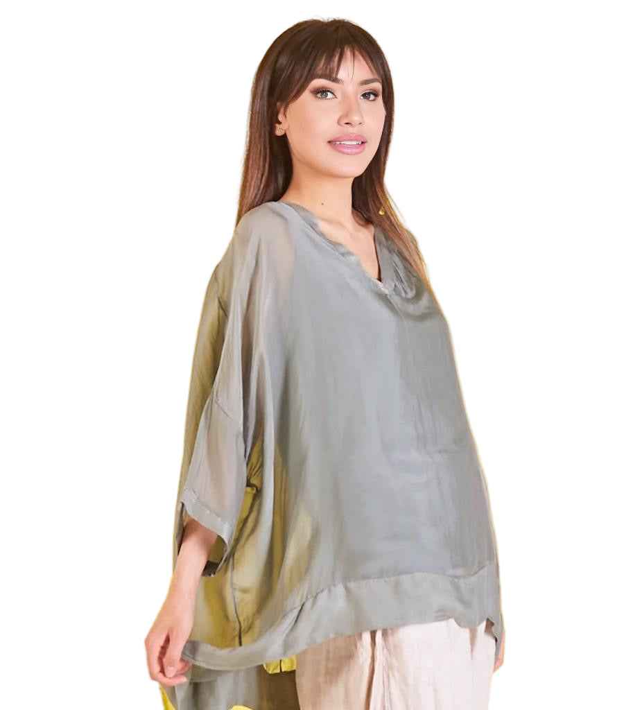 BZNA Seidenbluse Olive Grün Tunika Seidentunika mit V -Ausschnitt Seidenchiffonbluse Fledermaus Ärmel oneSize