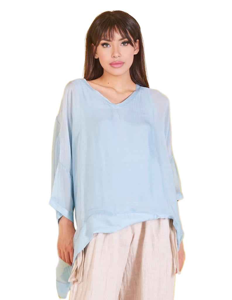 BZNA Seidenbluse Hellblau Tunika Seidentunika mit V -Ausschnitt Seidenchiffonbluse Fledermaus Ärmel oneSize