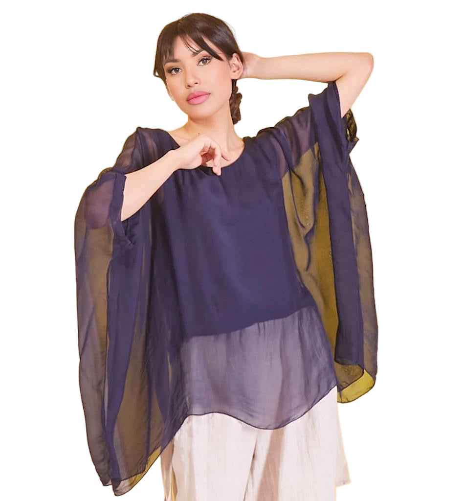 BZNA Seidenbluse Dunkelblau Tunika Seidentunika Seidenchiffonbluse Fledermaus Ärmel oneSize