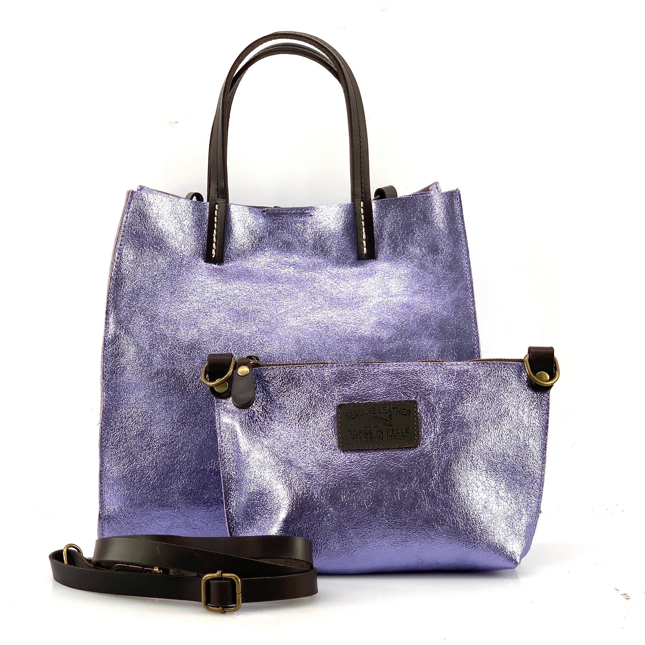 BZNA Bag BO5838 Flieder Metalicca Leder Italy Damen Handtasche Schultertasche 2 in 1 Shopper - B Z N A