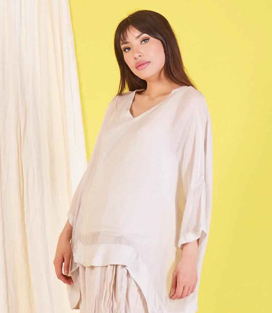 BZNA Seidenbluse Beige Tunika Seidentunika mit V -Ausschnitt Seidenchiffonbluse Fledermaus Ärmel oneSize