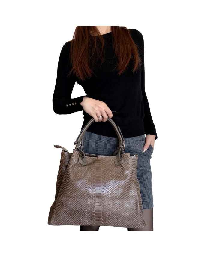 BZNA Bag Charlotte Taupe Scuro Snake Prägung Leder Italy Damen Shopper Handtasche Schultertasche Tasche