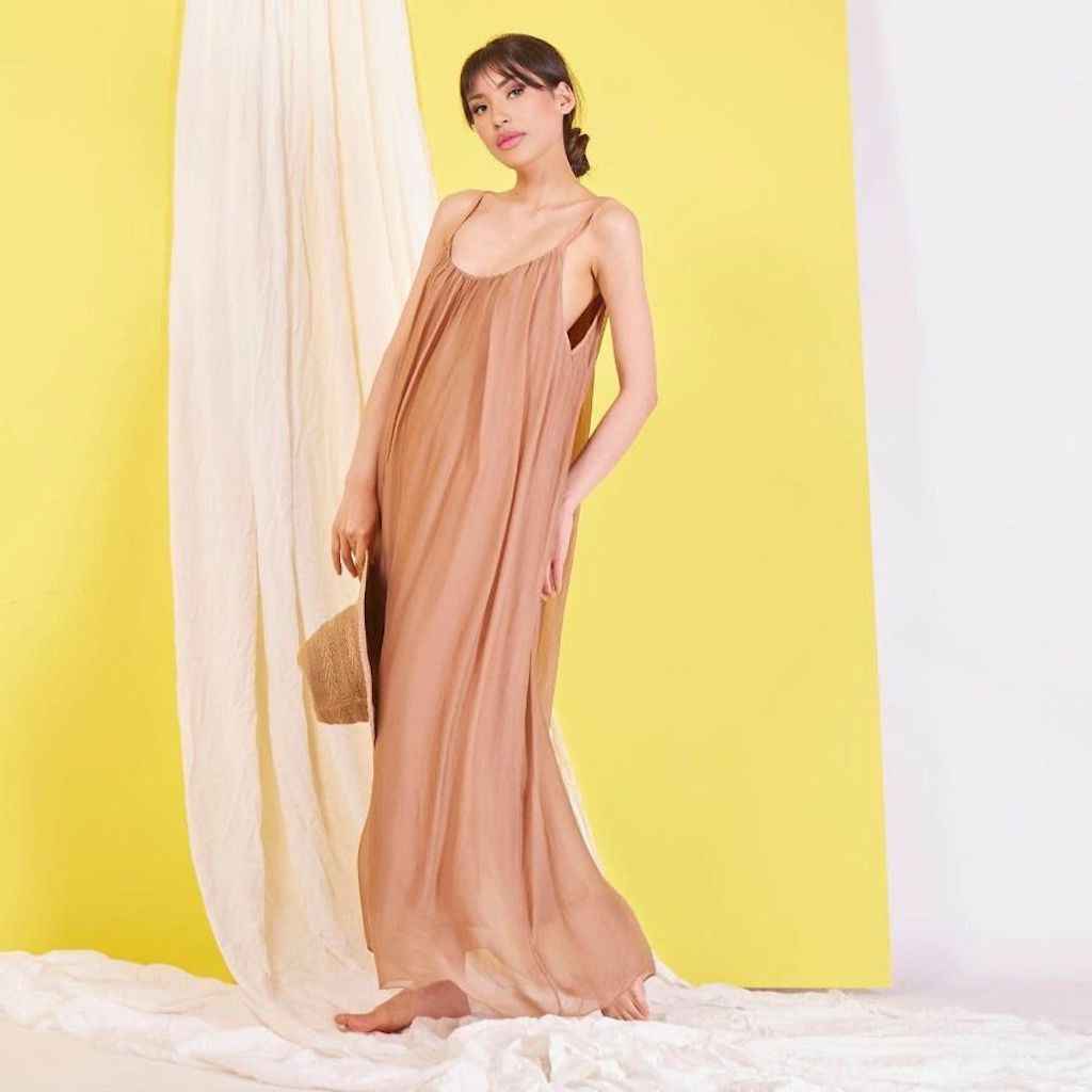 BZNA Ibiza Boho Style Sommerkleid Camel aus Seidenchiffon Seidenkleid   oneSize