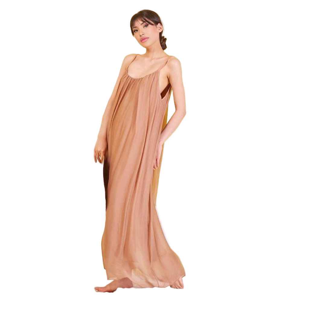 BZNA Ibiza Boho Style Sommerkleid Camel aus Seidenchiffon Seidenkleid   oneSize