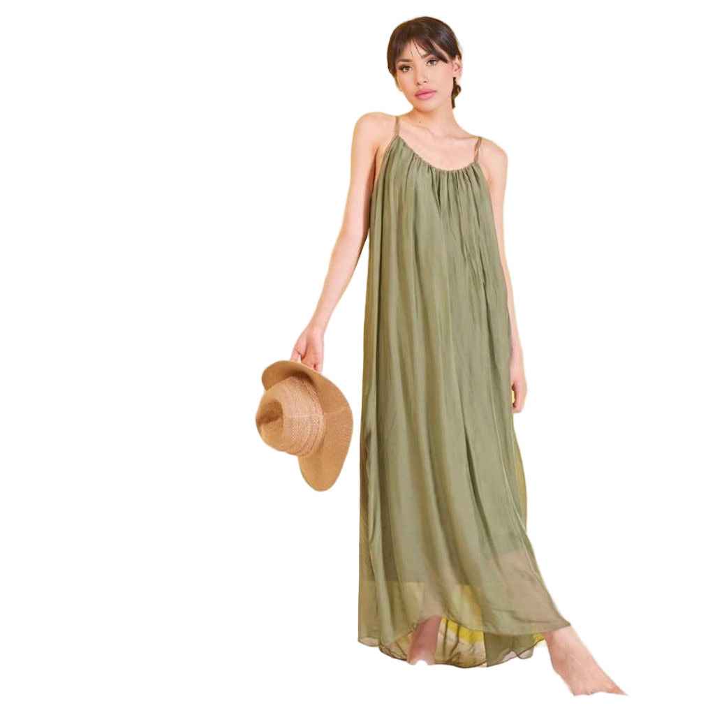 BZNA Ibiza Boho Style Sommerkleid Olive Grün aus Seidenchiffon Seidenkleid   oneSize