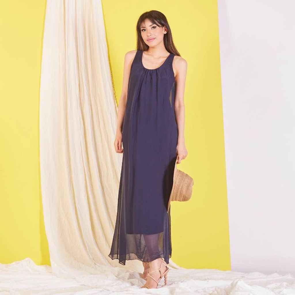 BZNA elegantes ärmeloses Kleid dark Blue aus Seidenchiffon Seidenkleid   oneSize