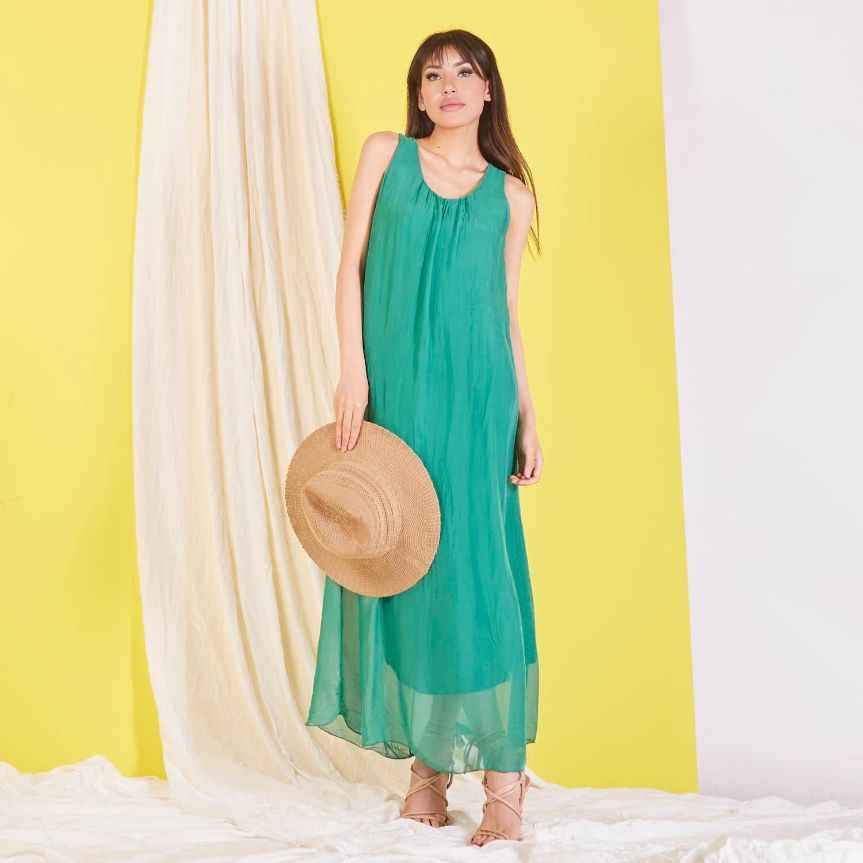 BZNA elegantes ärmeloses Kleid Grün B. aus Seidenchiffon Seidenkleid   oneSize