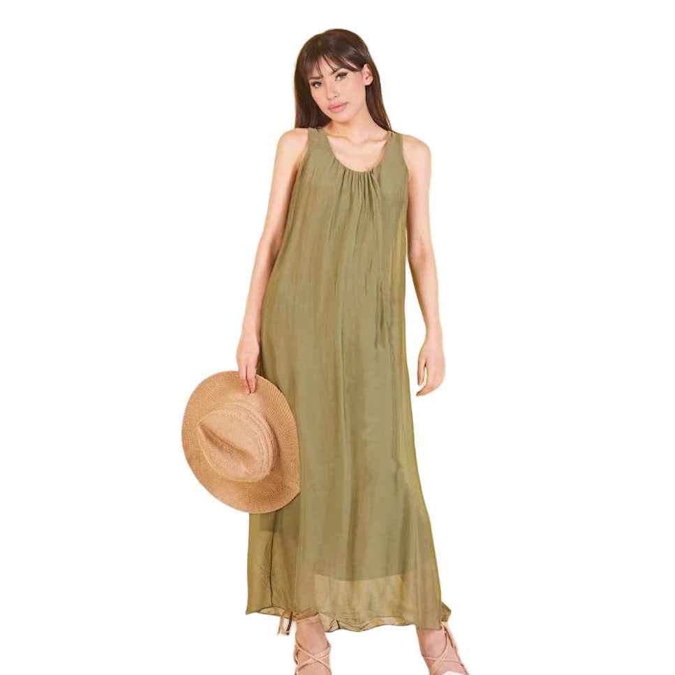 BZNA elegantes ärmeloses Kleid Olive aus Seidenchiffon Seidenkleid   oneSize