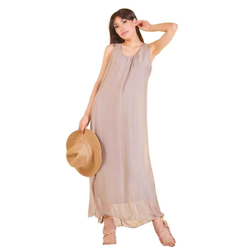 BZNA elegantes ärmeloses Kleid Beige aus Seidenchiffon Seidenkleid   oneSize