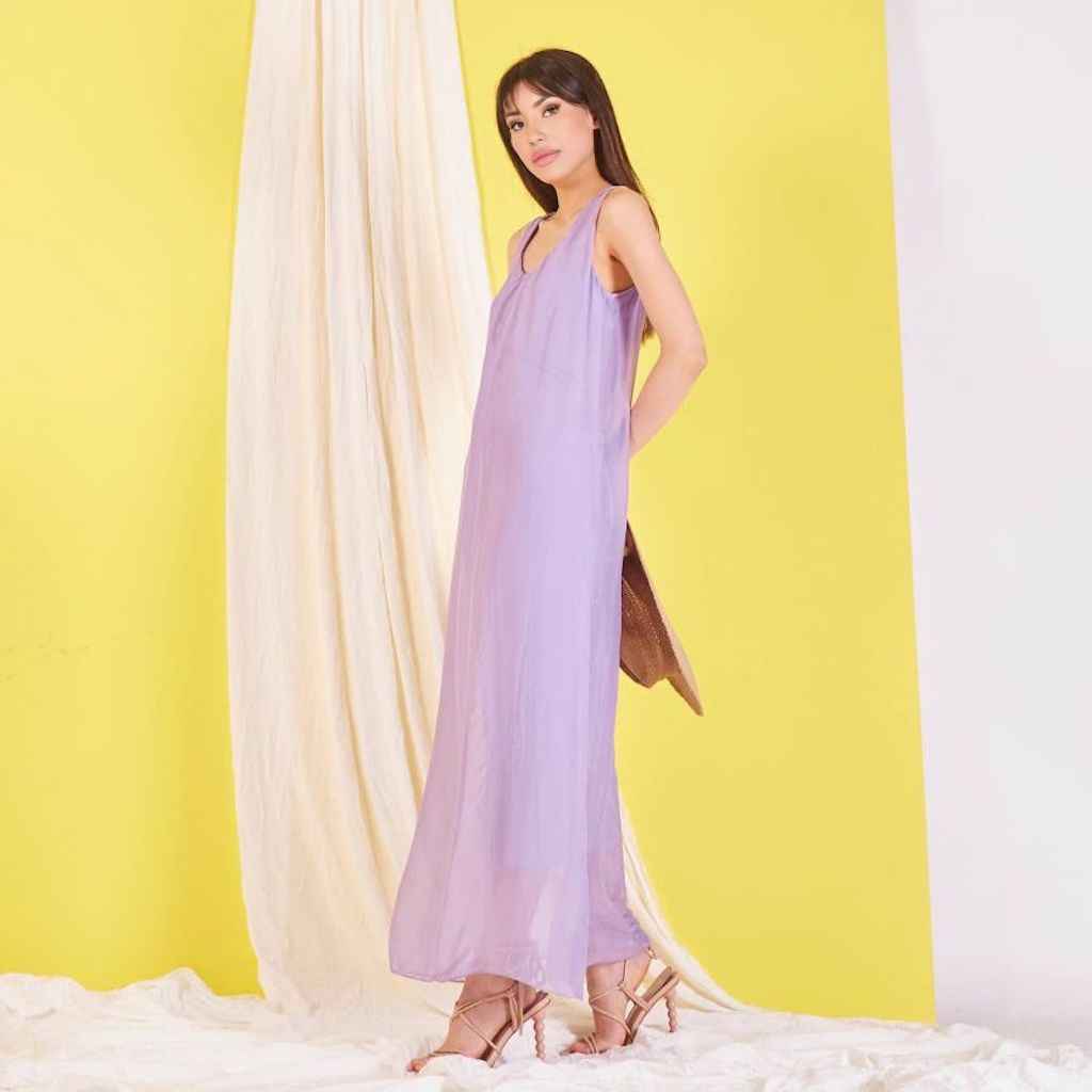 BZNA elegantes ärmeloses Kleid Flieder aus Seidenchiffon Seidenkleid   oneSize