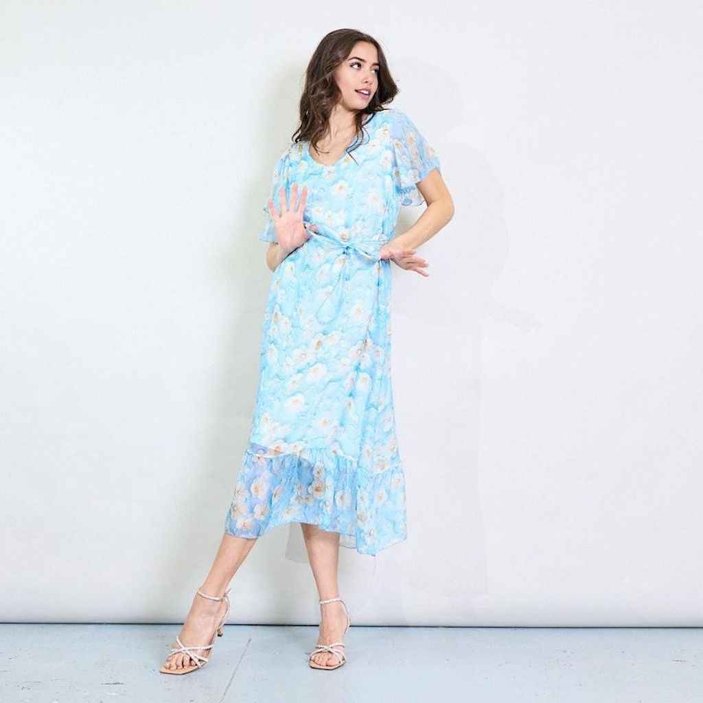 BZNA Blumendruck V-Ausschnitt Midi Kleid Lichtblau aus Seidenchiffon Seidenkleid  oneSize
