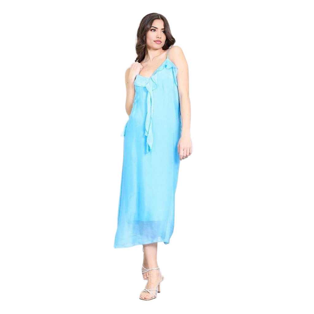 BZNA Kleid Kravatten Rüschendetail Aqua aus Seidenchiffon Seidenkleid oneSize