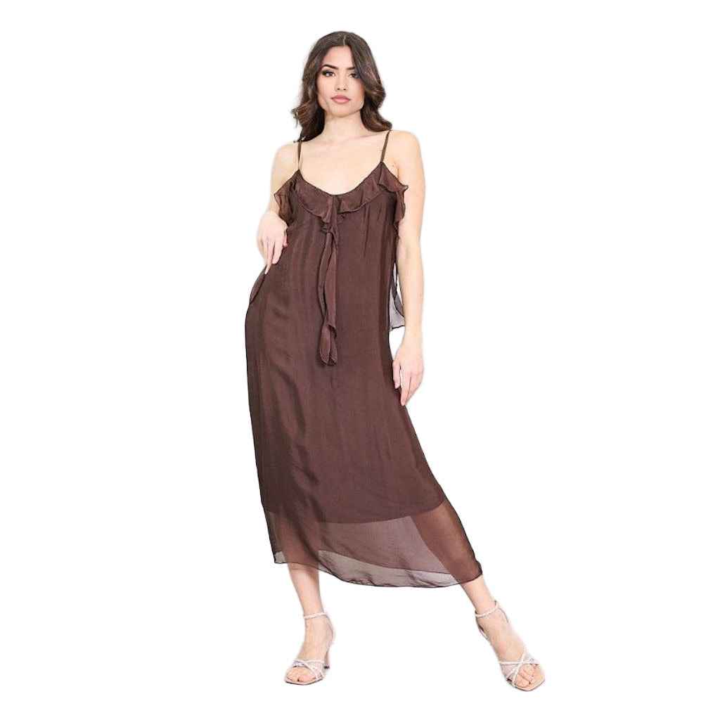 BZNA Kleid Kravatten Rüschendetail Coffee aus Seidenchiffon Seidenkleid oneSize