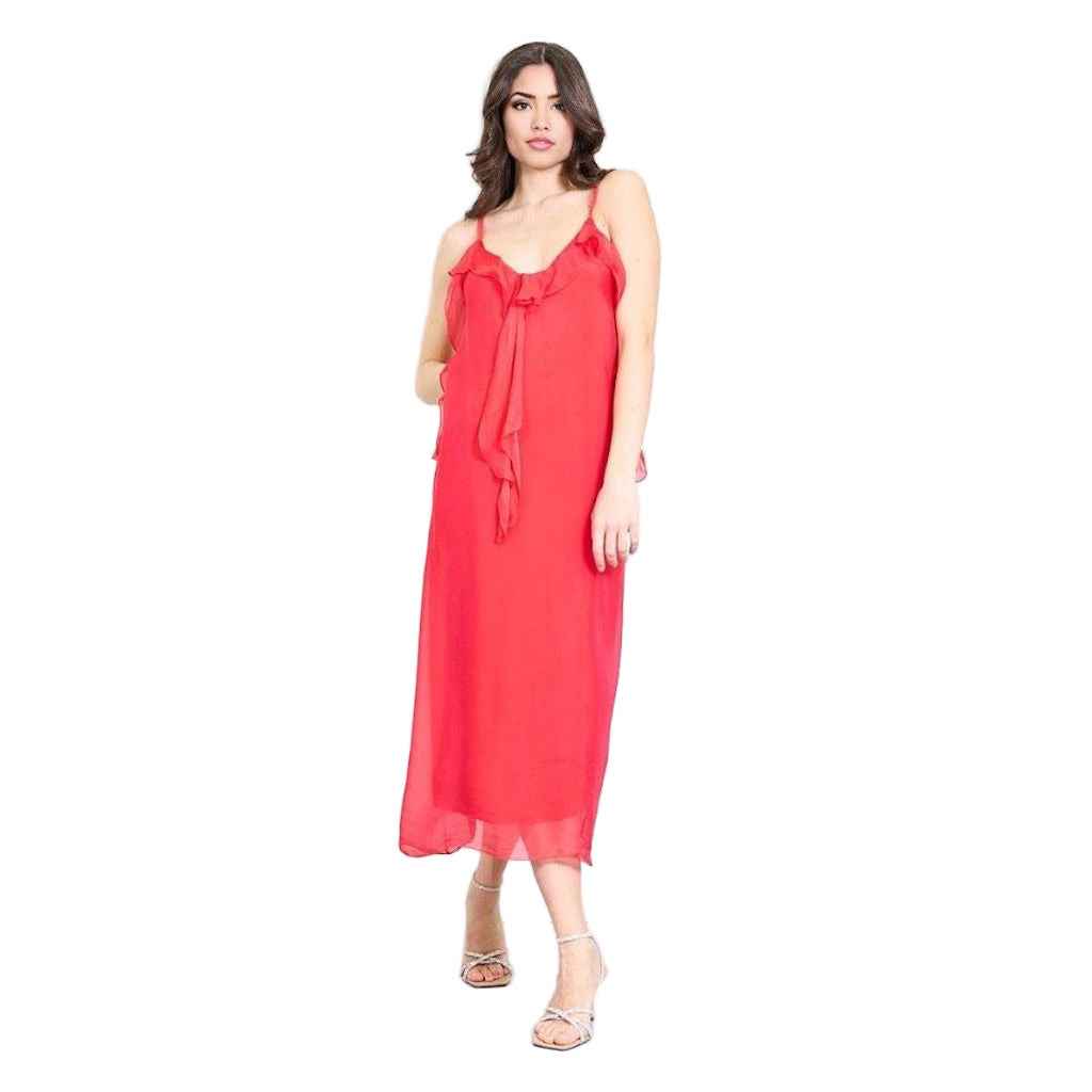 BZNA Kleid Kravatten Rüschendetail Rot aus Seidenchiffon Seidenkleid oneSize