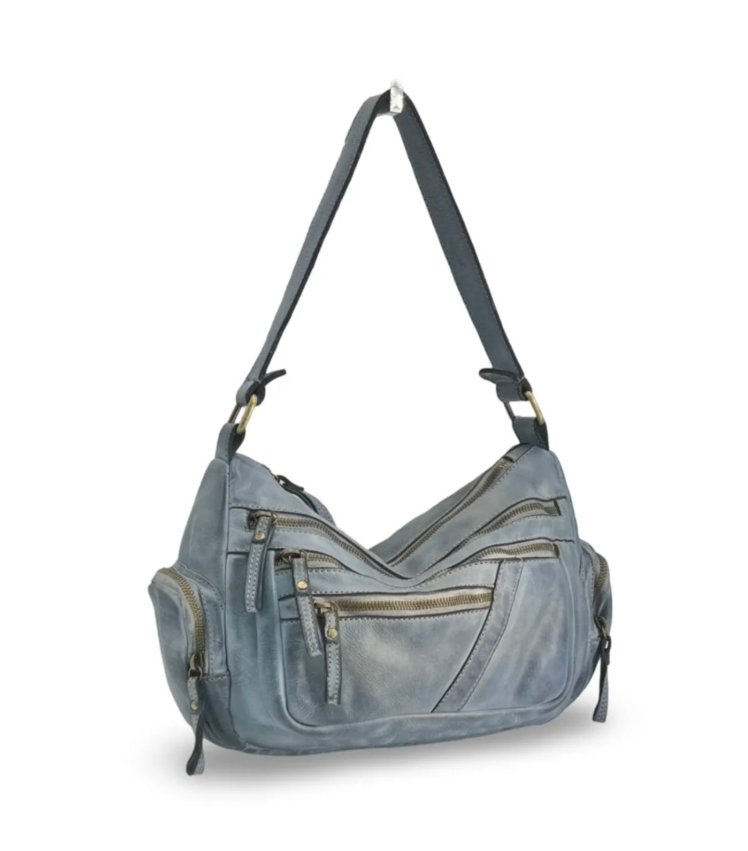 BZNA Bag Panna Denim Blau Italy Designer Leder Schulter Ledertasche Umhängetasche - B Z N A