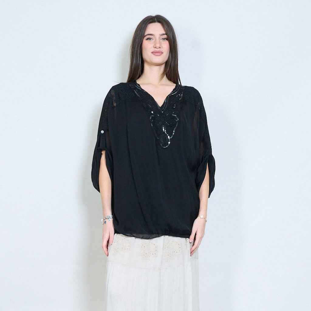 BZNA Bluse mit Seide Gestickte transparente Langarmbluse mit V-Ausschnitt