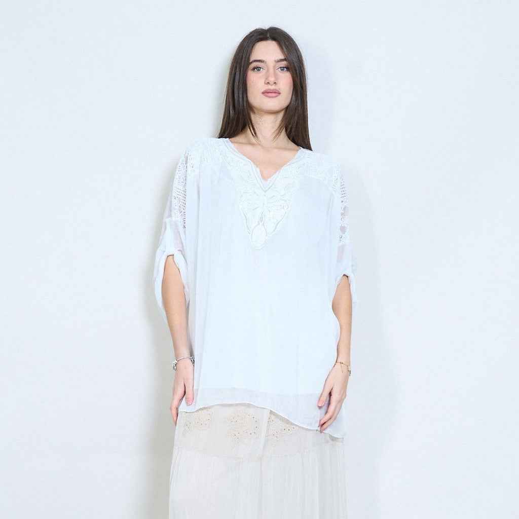BZNA Bluse mit Seide Gestickte transparente Langarmbluse mit V-Ausschnitt