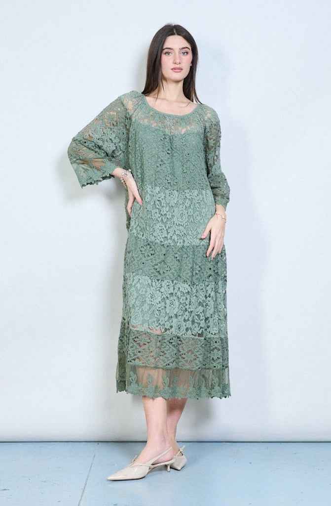 BZNA langes Plissee-Langarm-Midikleid aus Spitze Onesize