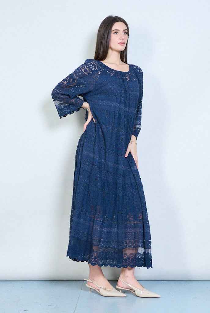 BZNA langes Plissee-Langarm-Midikleid aus Spitze Onesize