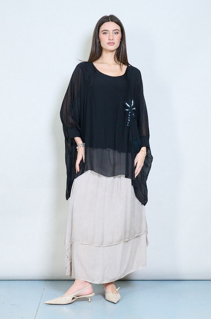 BZNA Bluse mit Seide Flow transparente Langarmbluse mit Blumenapplikation - B Z N A