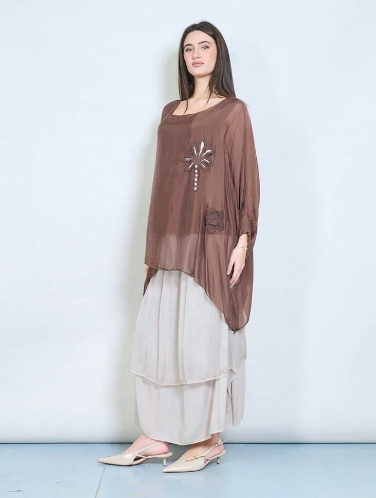 BZNA Bluse mit Seide Flow transparente Langarmbluse mit Blumenapplikation - B Z N A