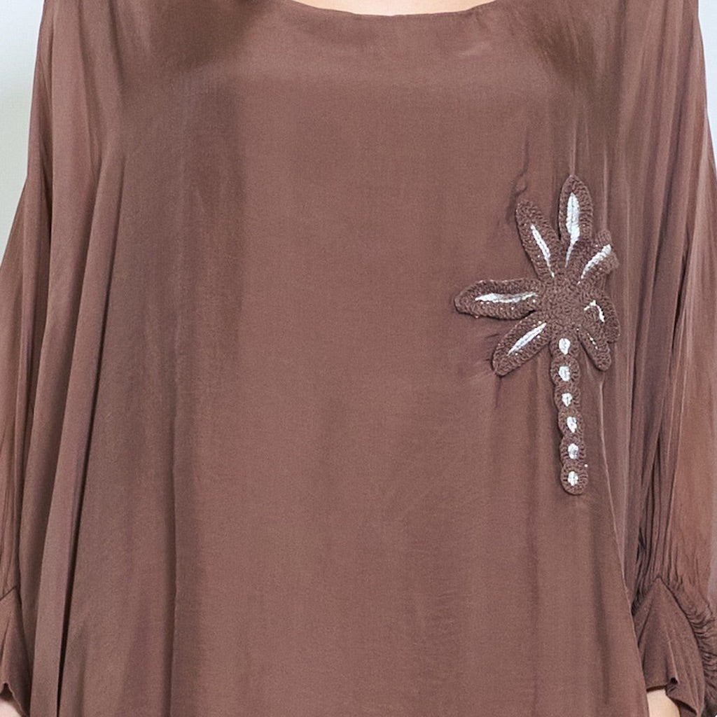 BZNA Bluse mit Seide Flow transparente Langarmbluse mit Blumenapplikation - B Z N A