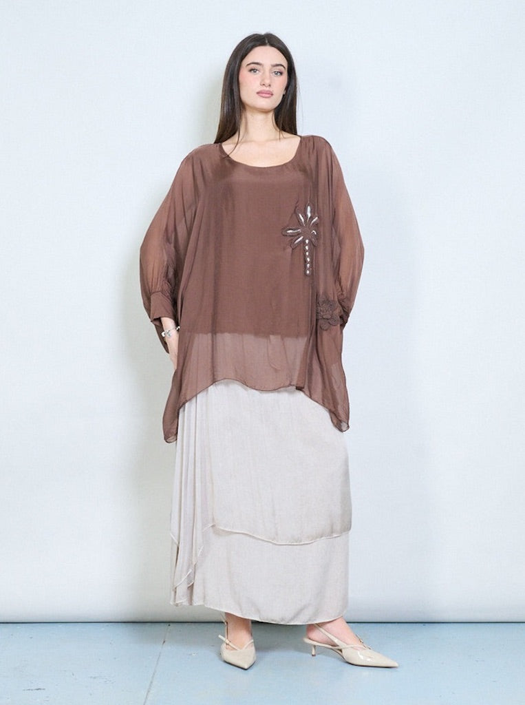 BZNA Bluse mit Seide Flow transparente Langarmbluse mit Blumenapplikation - B Z N A