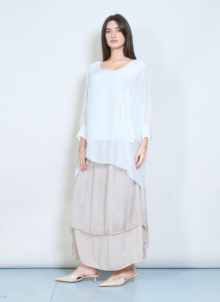 BZNA Bluse mit Seide Flow transparente Langarmbluse mit Blumenapplikation - B Z N A