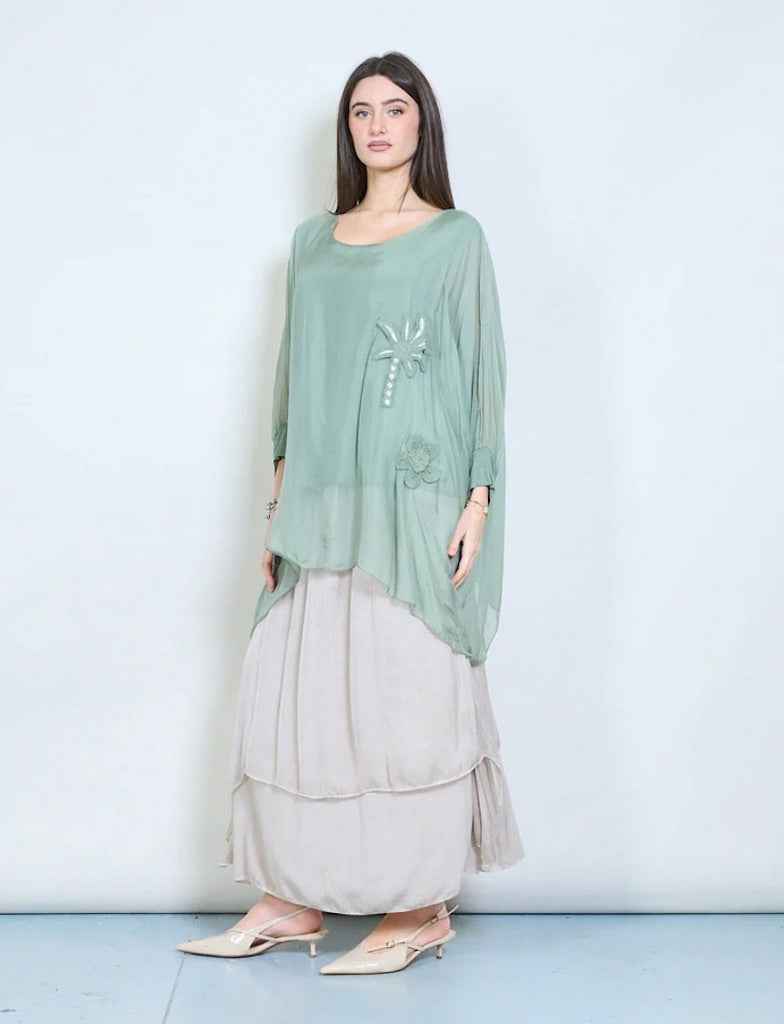 BZNA Bluse mit Seide Flow transparente Langarmbluse mit Blumenapplikation