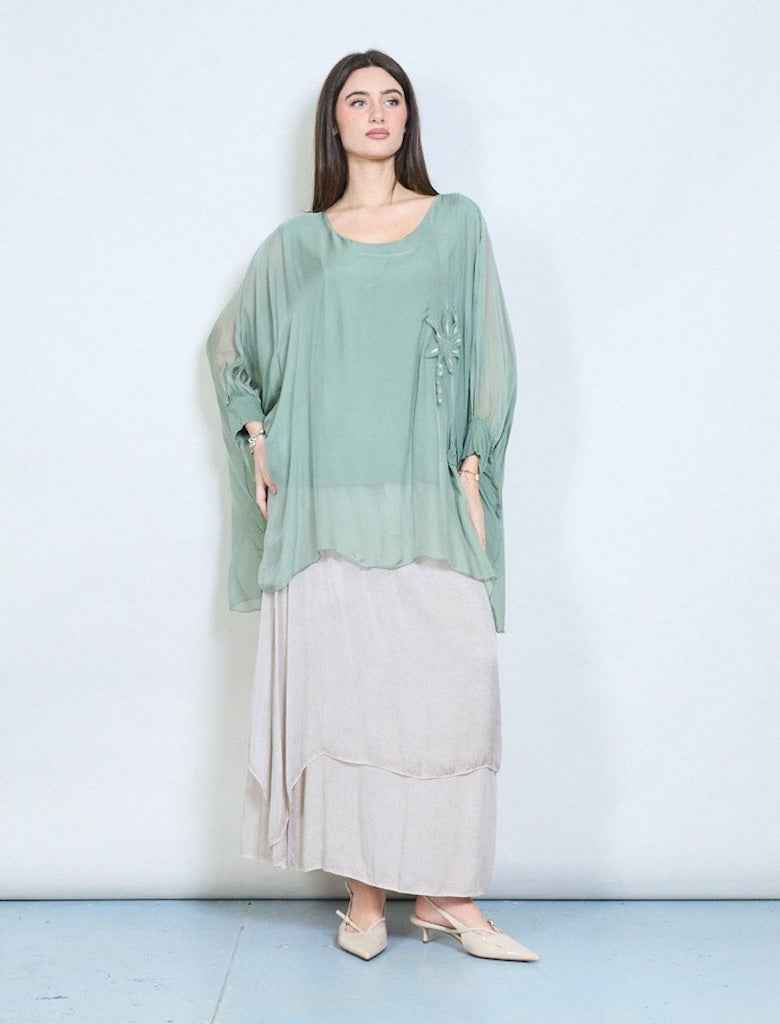 BZNA Bluse mit Seide Flow transparente Langarmbluse mit Blumenapplikation