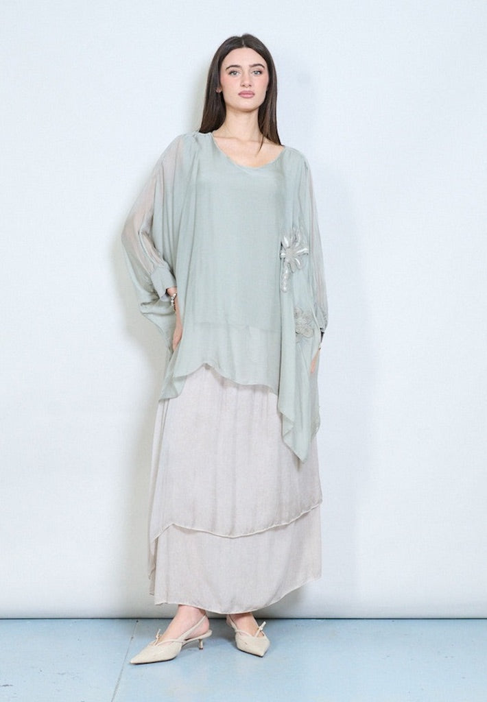 BZNA Bluse mit Seide Flow transparente Langarmbluse mit Blumenapplikation - B Z N A