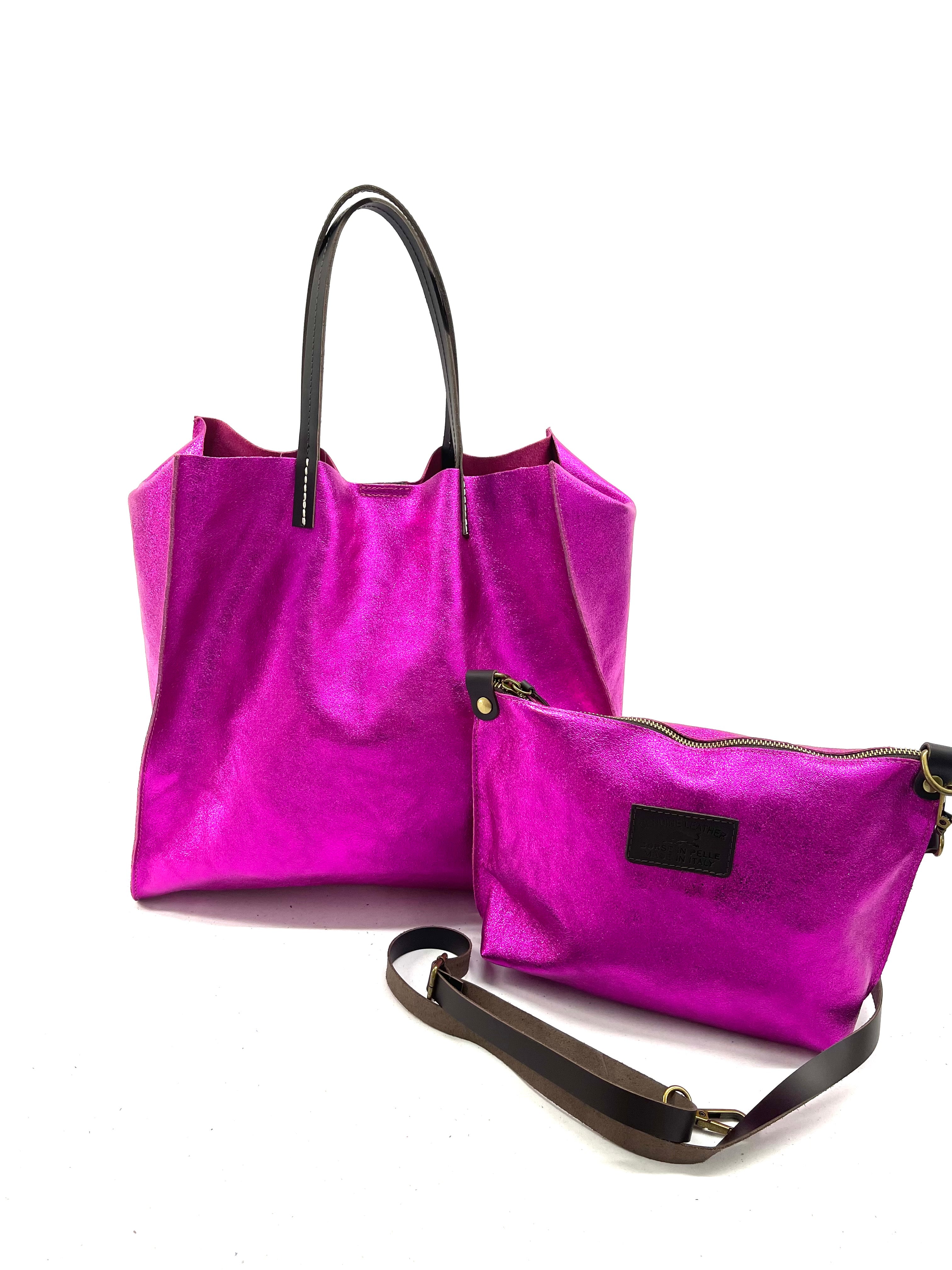 BZNA Bag BO5838 Fuxia Metalicca Leder Italy Damen Handtasche Schultertasche 2 in 1 Shopper - B Z N A