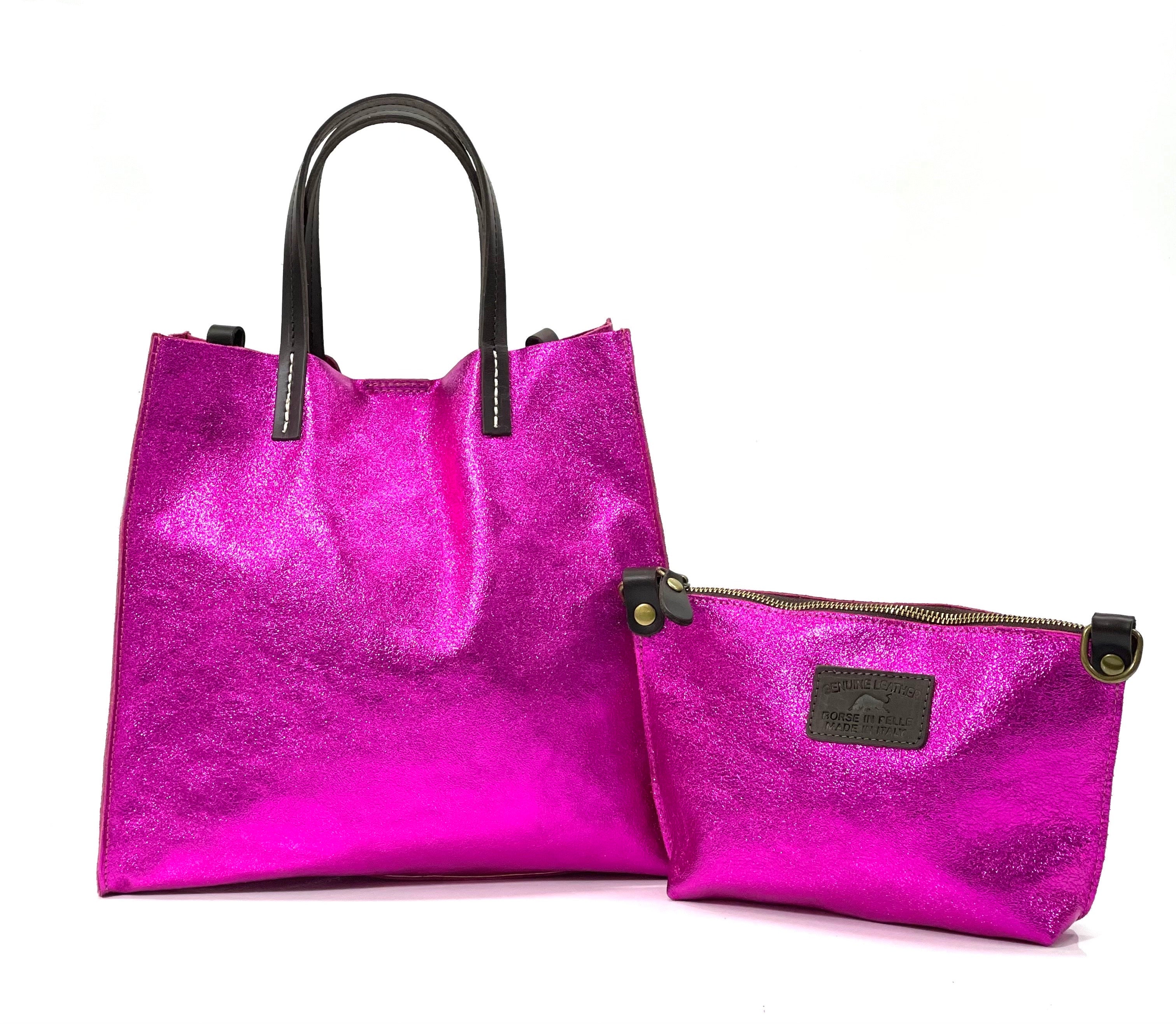 BZNA Bag BO5838 Fuxia Metalicca Leder Italy Damen Handtasche Schultertasche 2 in 1 Shopper - B Z N A
