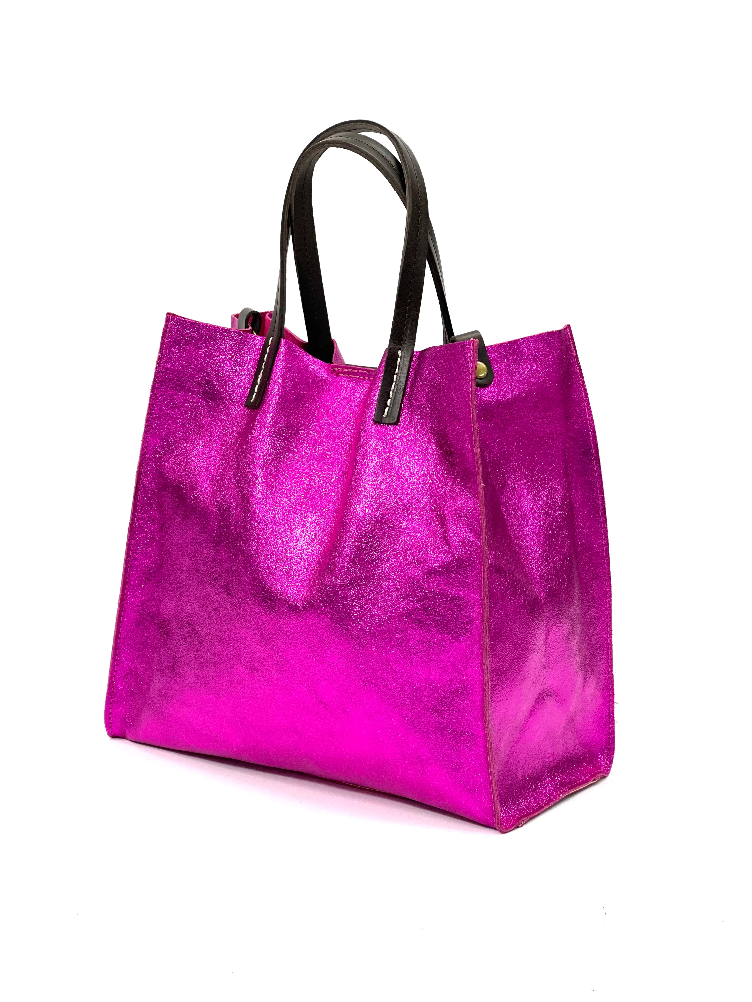 BZNA Bag BO5838 Fuxia Metalicca Leder Italy Damen Handtasche Schultertasche 2 in 1 Shopper - B Z N A