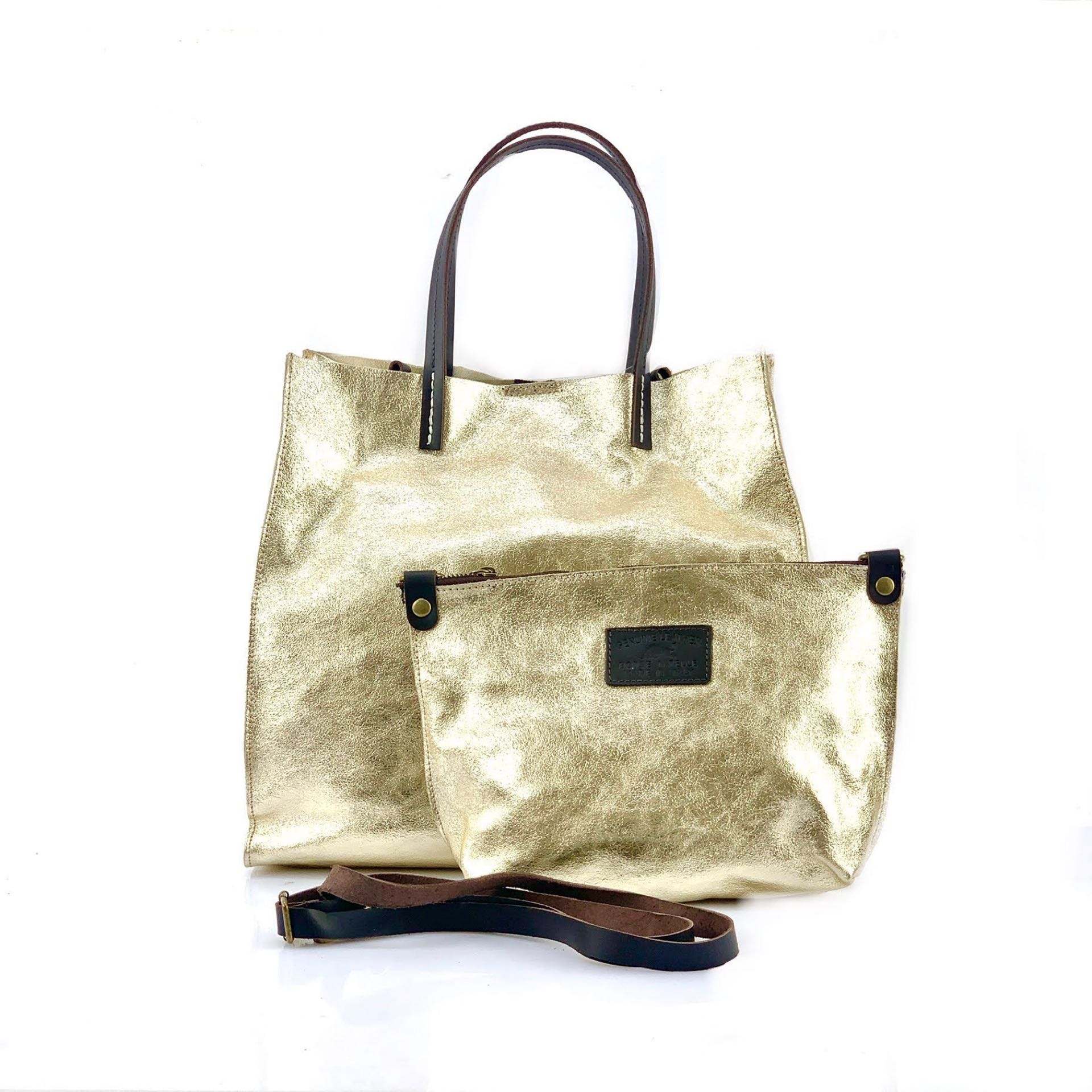 BZNA Bag BO5838 Oro Metalicca Leder Italy Damen Handtasche Schultertasche 2 in 1 Shopper - B Z N A