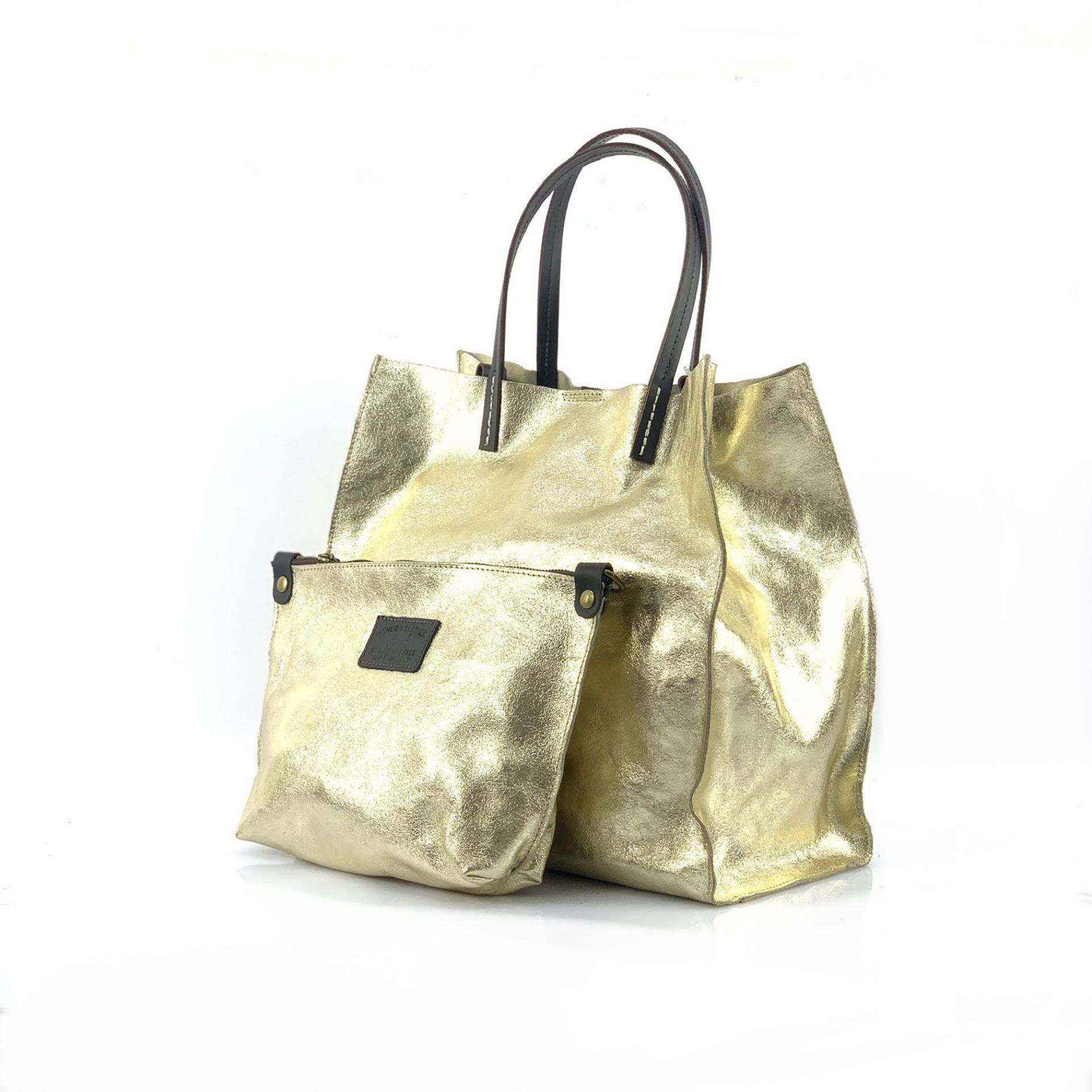 BZNA Bag BO5838 Oro Metalicca Leder Italy Damen Handtasche Schultertasche 2 in 1 Shopper