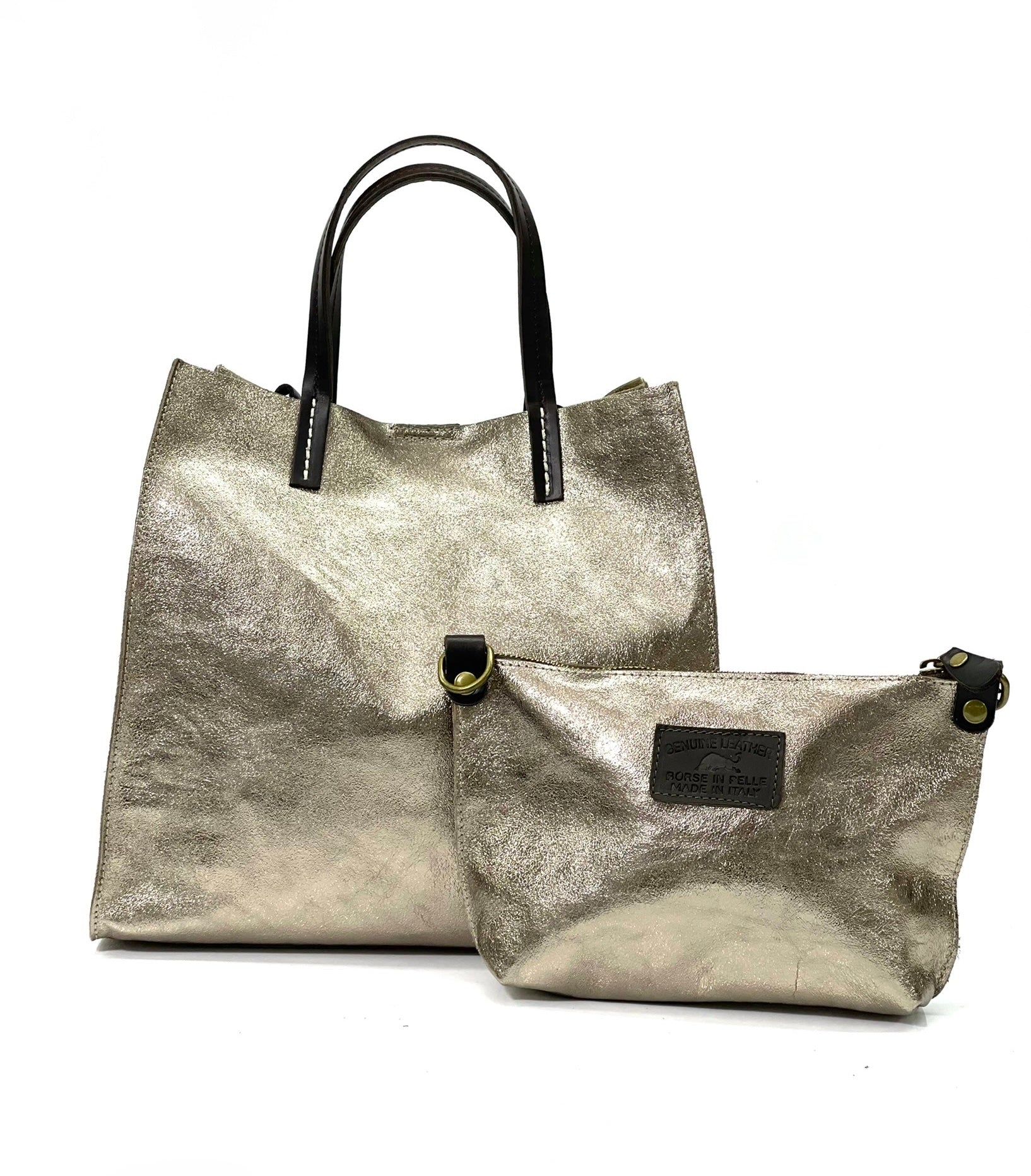 BZNA Bag BO5838 Oro Antico Metalicca Leder Italy Damen Handtasche Schultertasche 2 in 1 Shopper - B Z N A