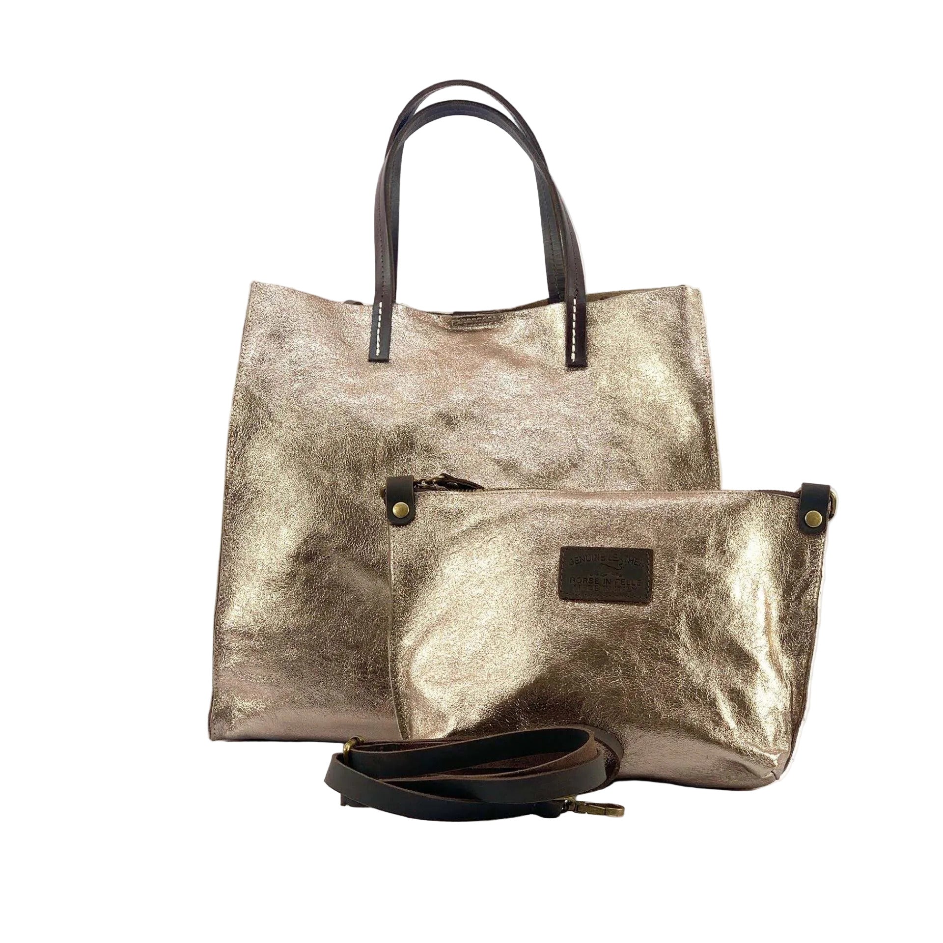 BZNA Bag BO5838 Oro Antico Metalicca Leder Italy Damen Handtasche Schultertasche 2 in 1 Shopper - B Z N A
