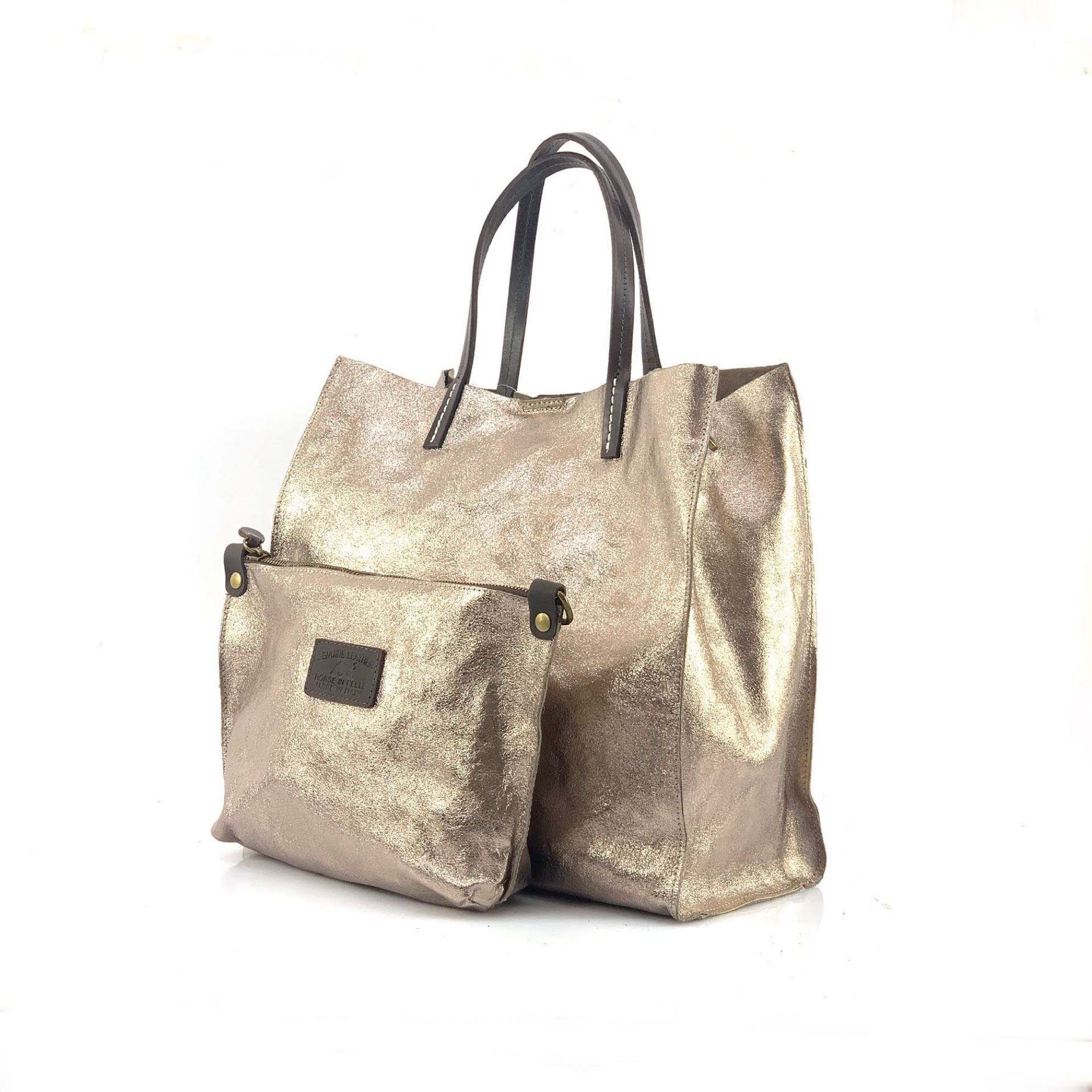 BZNA Bag BO5838 Oro Antico Metalicca Leder Italy Damen Handtasche Schultertasche 2 in 1 Shopper - B Z N A