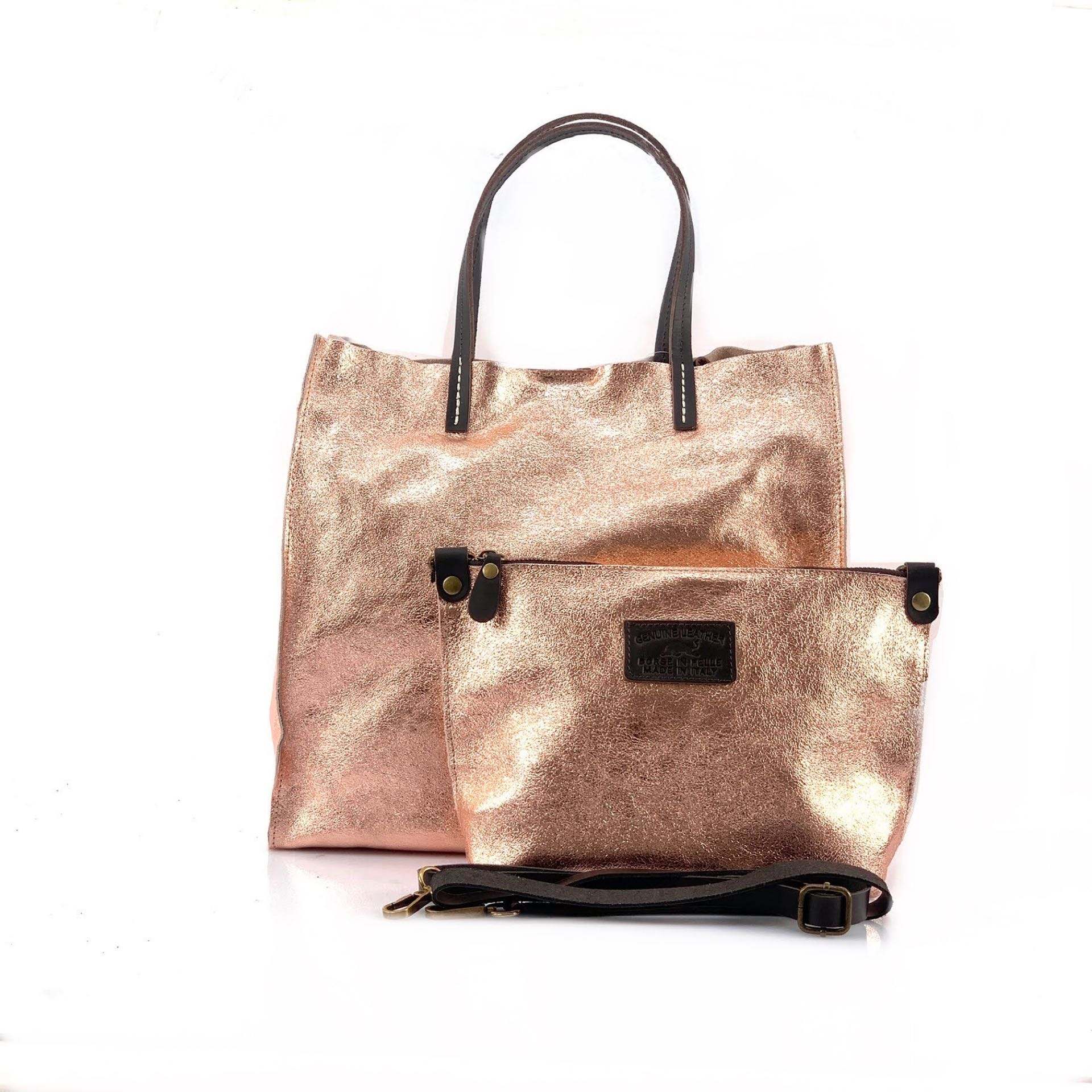 BZNA Bag BO5838 Oro Rosa Metalicca Leder Italy Damen Handtasche Schultertasche 2 in 1 Shopper - B Z N A