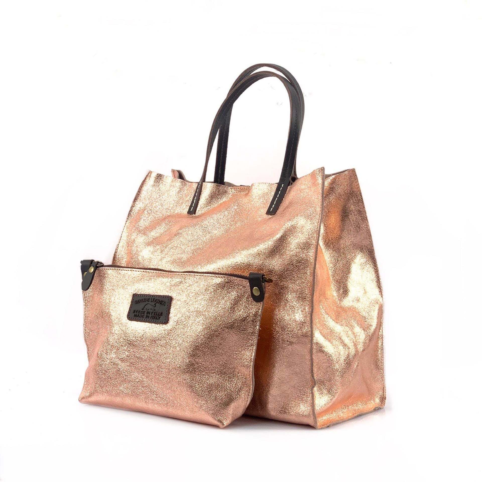 BZNA Bag BO5838 Oro Rosa Metalicca Leder Italy Damen Handtasche Schultertasche 2 in 1 Shopper - B Z N A