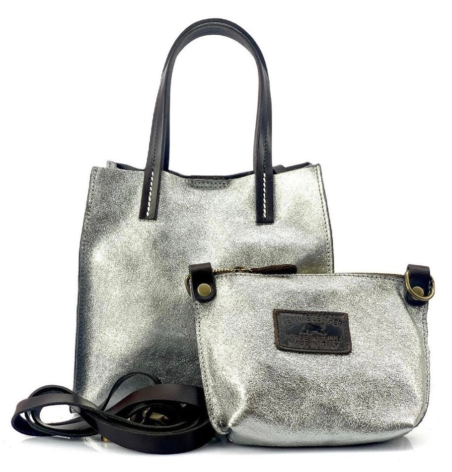 BZNA Bag BO5838 Argento Antico Metalicca Leder Italy Damen Handtasche Schultertasche 2 in 1 Shopper - B Z N A
