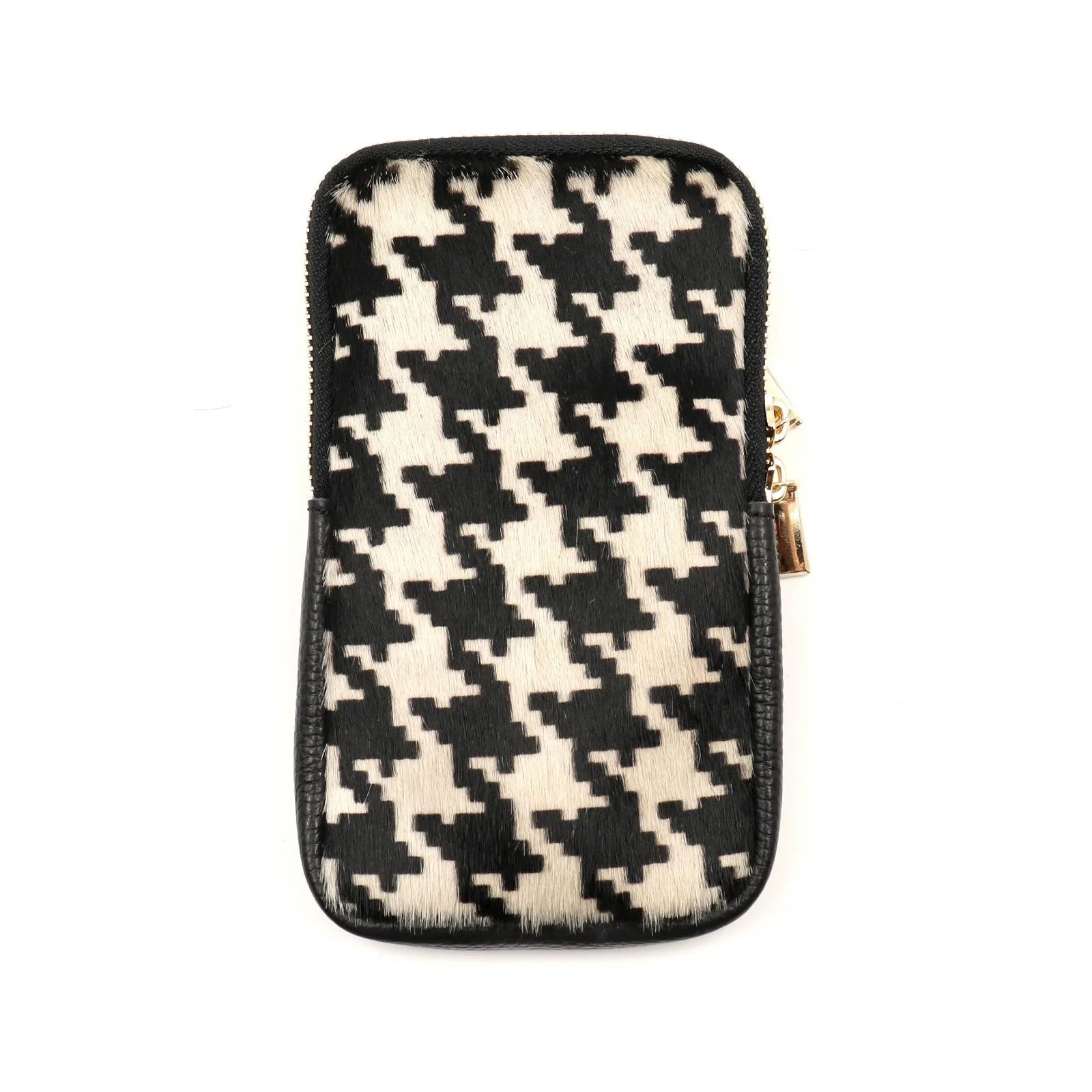 BZNA Bag Mobile Pepita weiß Handy Umhängetasche aus Leder Felltasche mit Reißverschluss - B Z N A