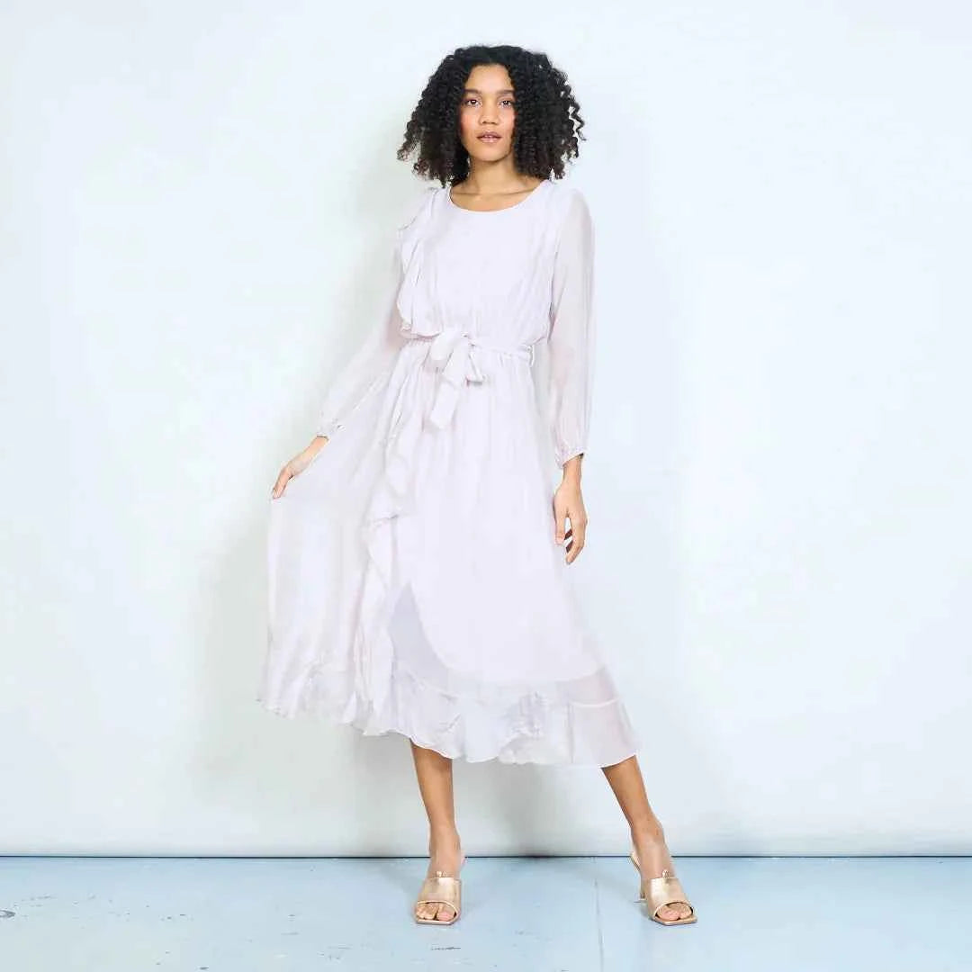 BZNA Kleid mit Seide Fließendes Midikleid lange Ärmeln und weichem Kaskadensaum oneSize