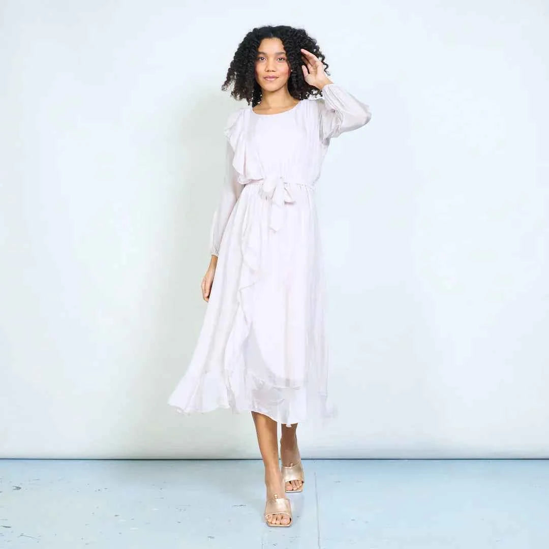 BZNA Kleid mit Seide Fließendes Midikleid lange Ärmeln und weichem Kaskadensaum oneSize