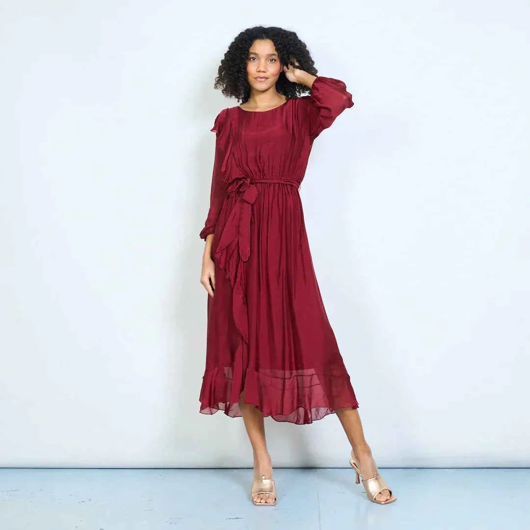BZNA Kleid mit Seide Fließendes Midikleid lange Ärmeln und weichem Kaskadensaum oneSize