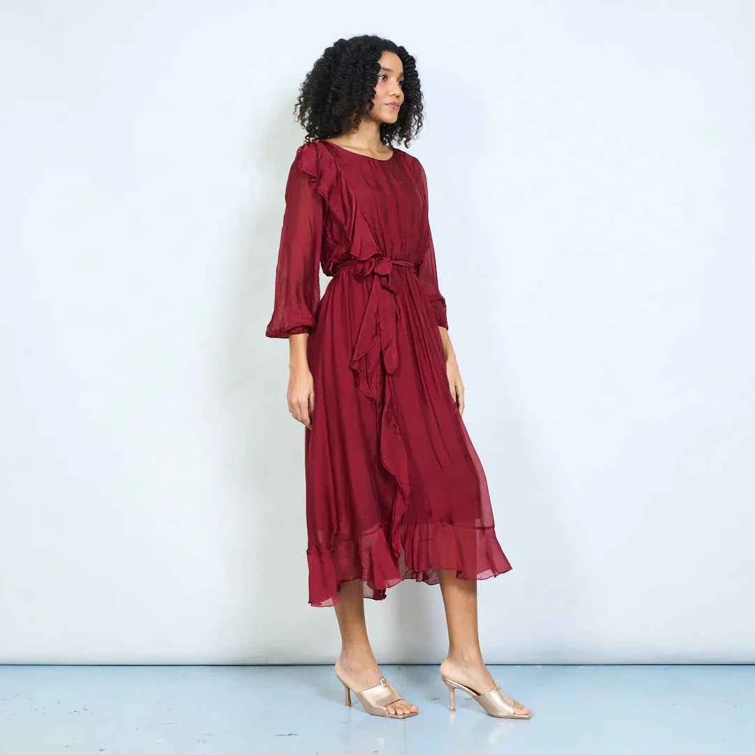 BZNA Kleid mit Seide Fließendes Midikleid lange Ärmeln und weichem Kaskadensaum oneSize